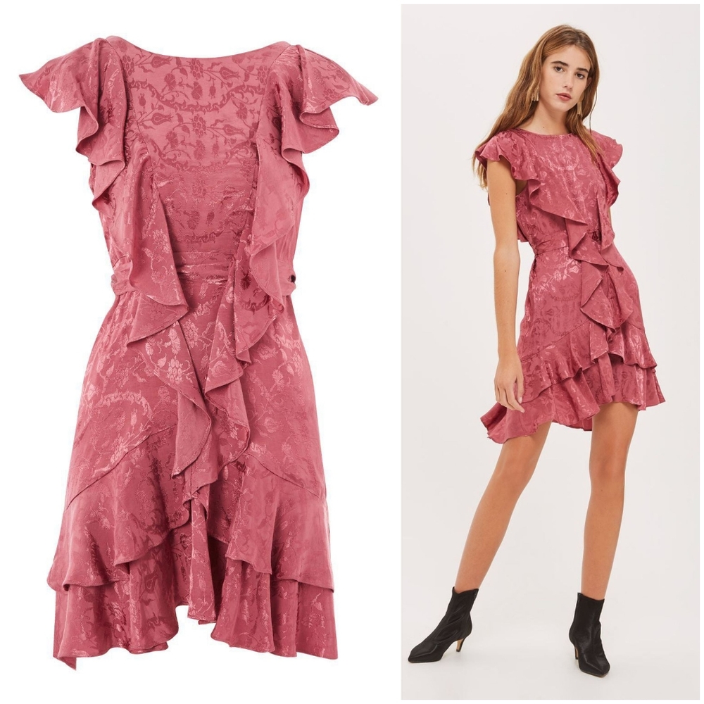 Topshop Ruffle Dress Jacquard  Mauve Pink Barbie Ruffle Cocktail Evening Dress